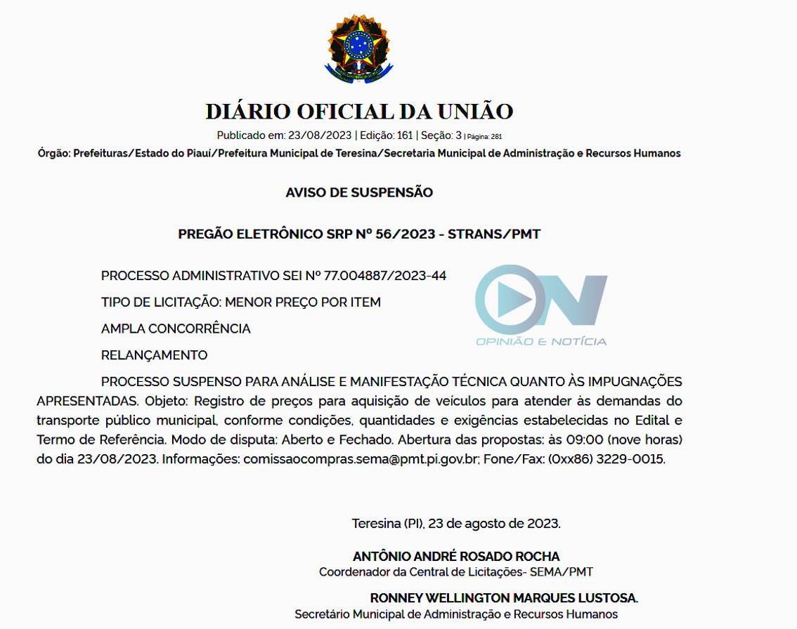 Prefeitura de Teresina suspende licitação de R$ 134 milhões para compra de 120 ônibus